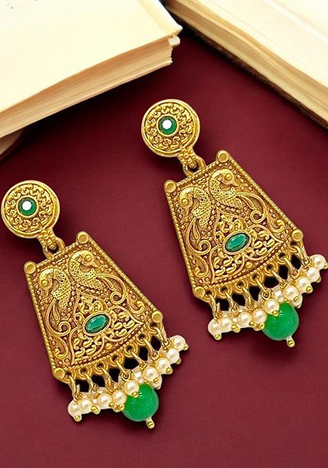 Gold Plated Green Stone Studded And Beaded Drop Earrings