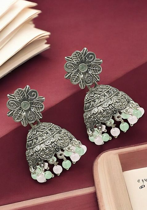 Silver Plated Sea Green Beaded Jhumka Earrings