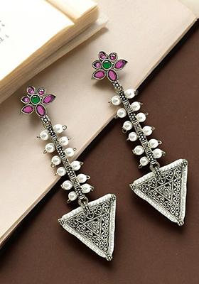 Silver Plated Stone Studded And Beaded Drop Earrings