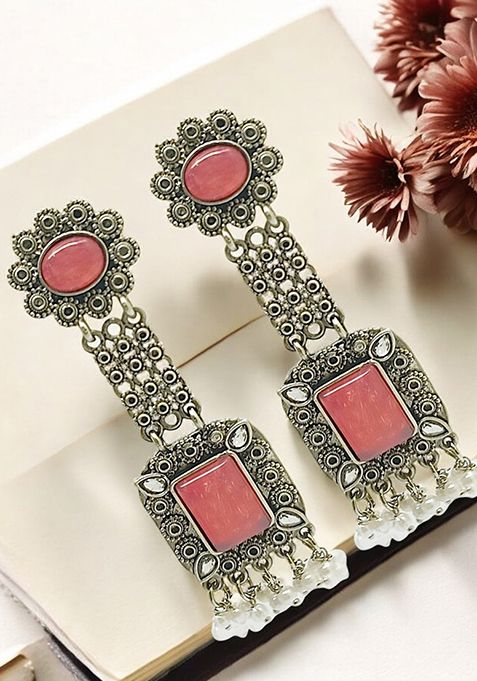 Silver Plated Pink Stone Classic Drop Earrings