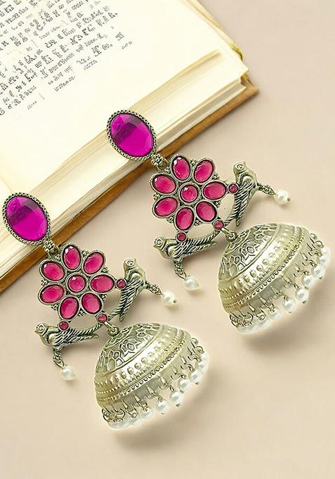 Silver Plated Pink Stone Jhumka Earrings