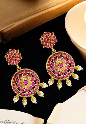 Gold Plated Kundan Pink Stone Studded Drop Earrings