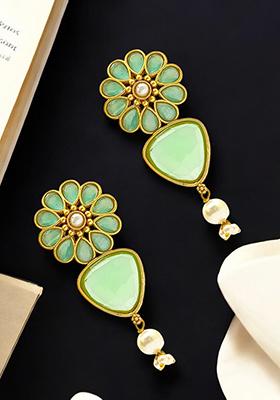 Gold Plated Mint Stone Studded And Beaded Contemporary Drop Earrings
