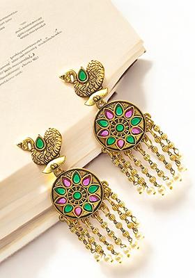 Gold Plated Stone Studded Peacock Design Drop Earrings