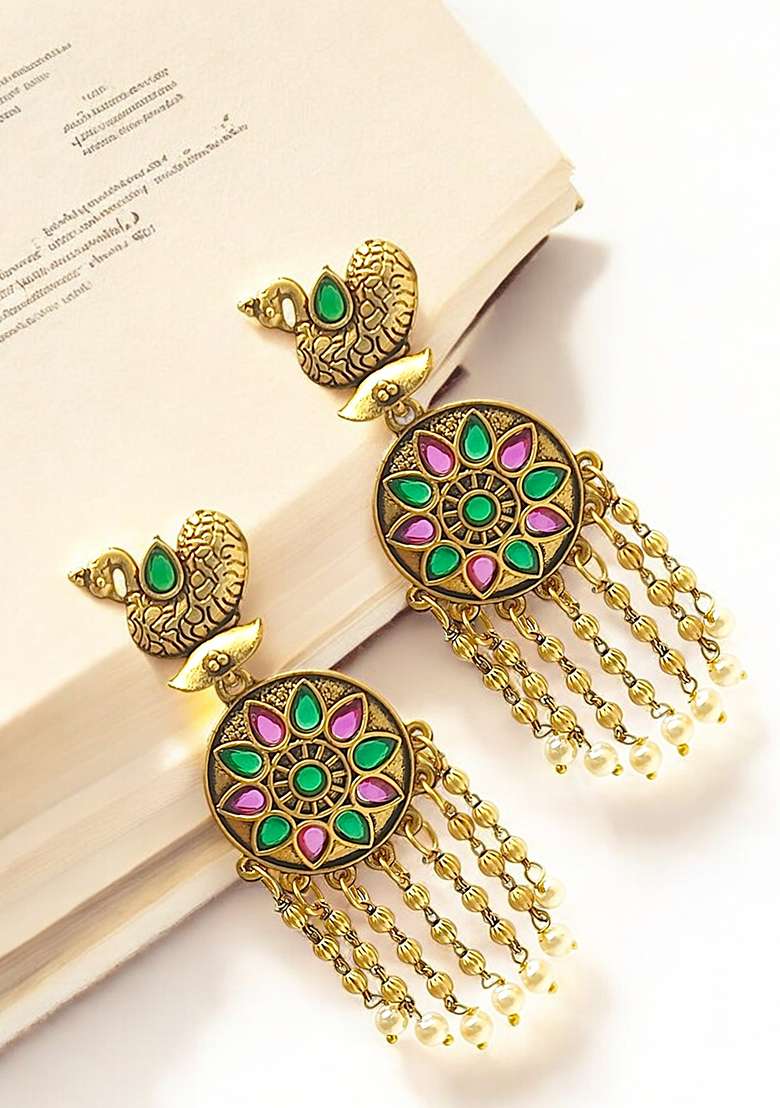 Gold Plated Stone Studded Peacock Design Drop Earrings - Indya