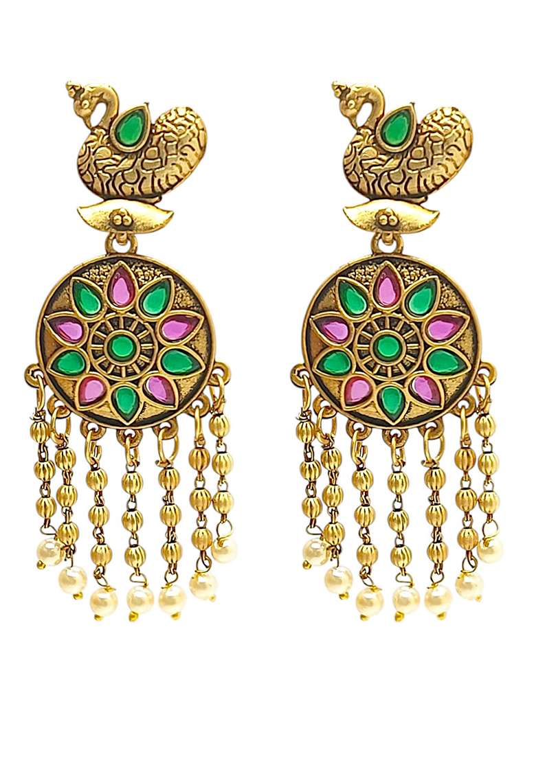 Gold Plated Stone Studded Peacock Design Drop Earrings - Indya