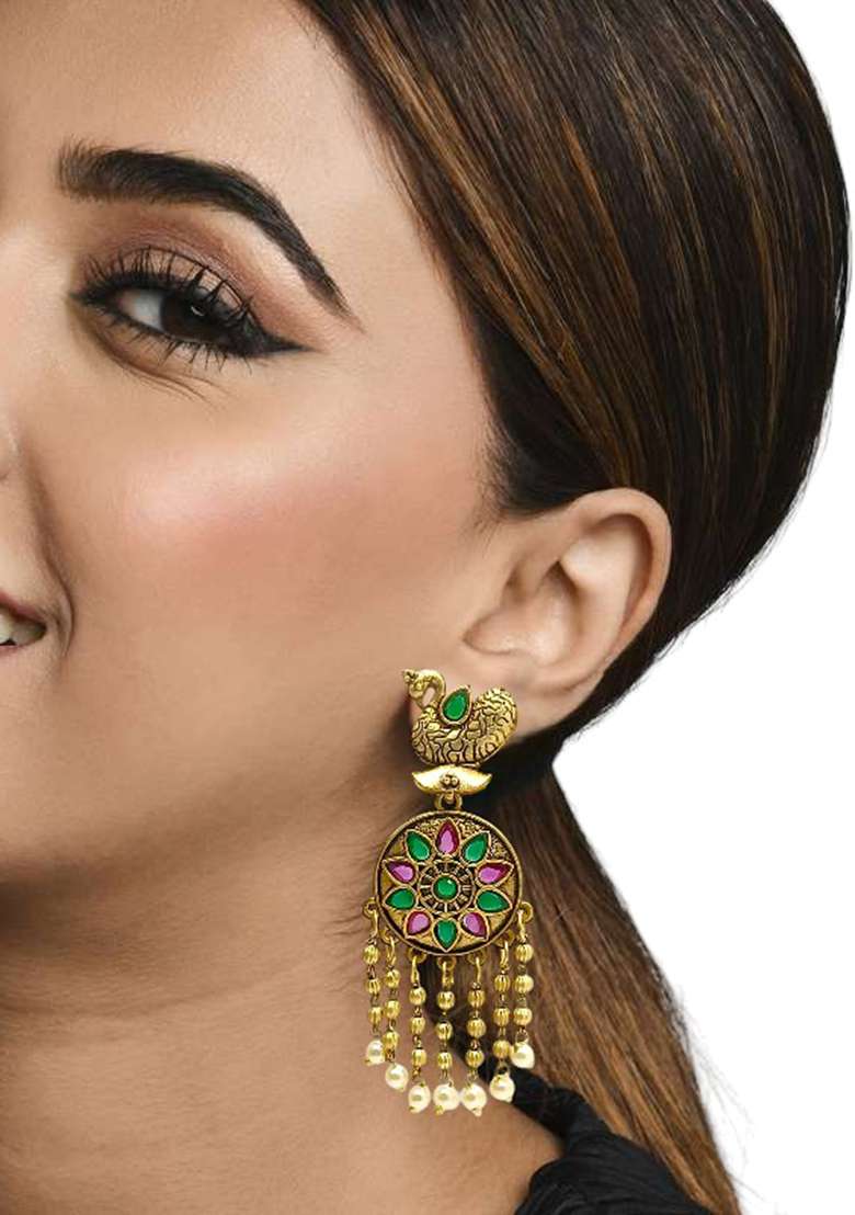 Gold Plated Stone Studded Peacock Design Drop Earrings - Indya