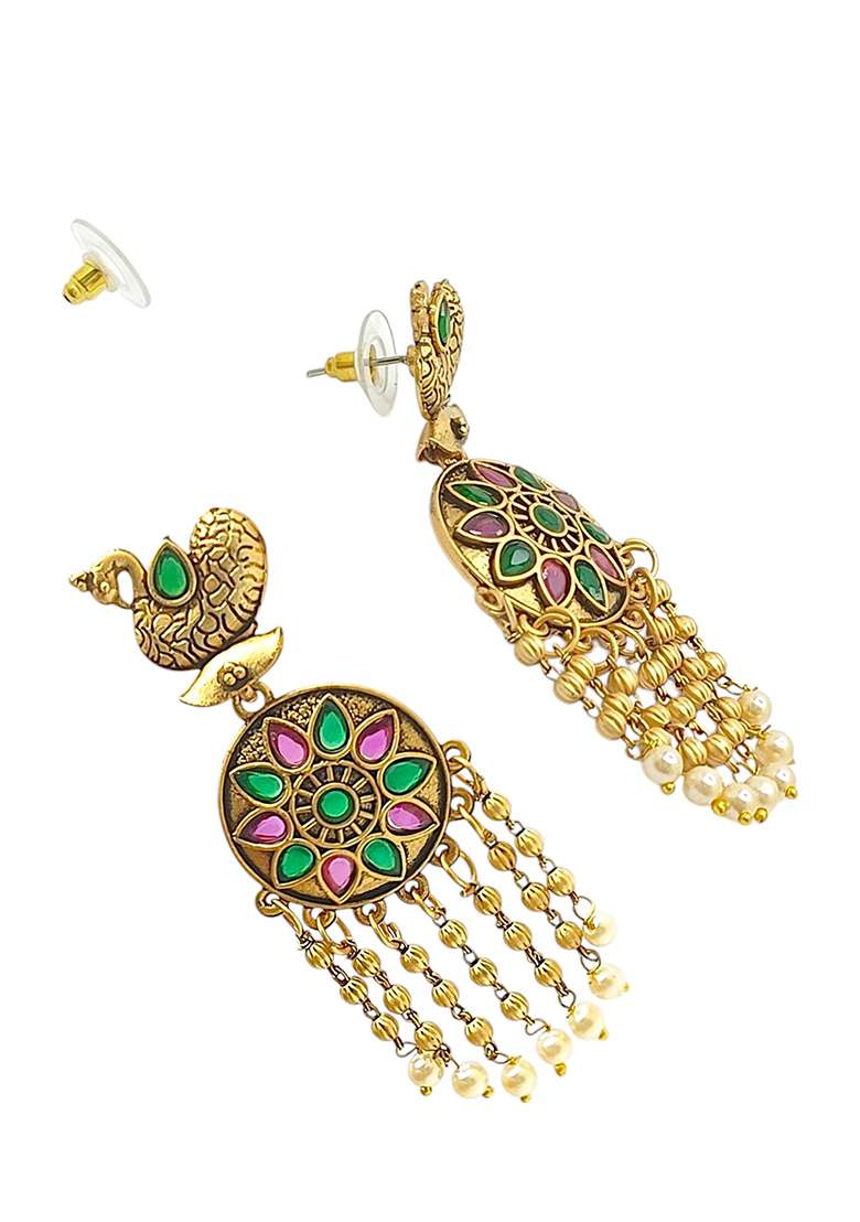 Gold Plated Stone Studded Peacock Design Drop Earrings - Indya