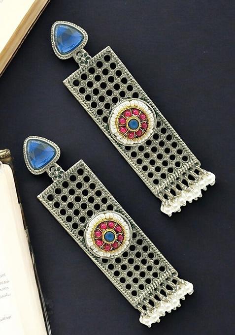Silver Plated Stone Studded And Beaded Drop Earrings