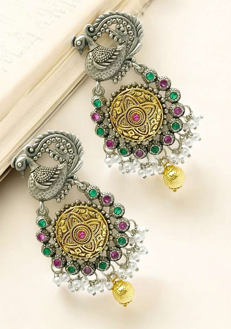Silver Plated Peacock Design Stone Studded And Beaded  Drop Earrings - Indya