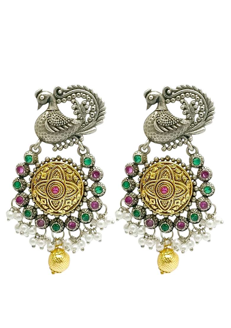Silver Plated Peacock Design Stone Studded And Beaded  Drop Earrings - Indya
