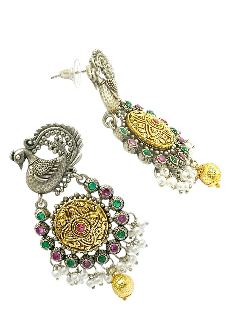 Silver Plated Peacock Design Stone Studded And Beaded  Drop Earrings - Indya