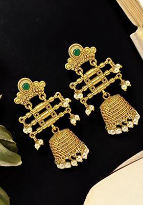 Gold Plated Stone Studded And Beaded Contemporary Jhumka Earrings