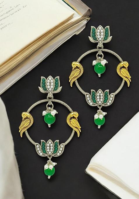 Silver Plated Kundan Studded Lotus Tribal Drop Earrings