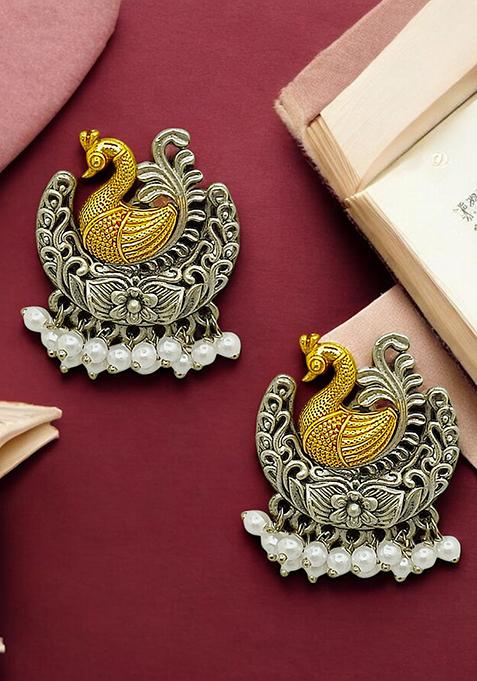 Silver Plated Peacock Shape Pearl Stud Earrings