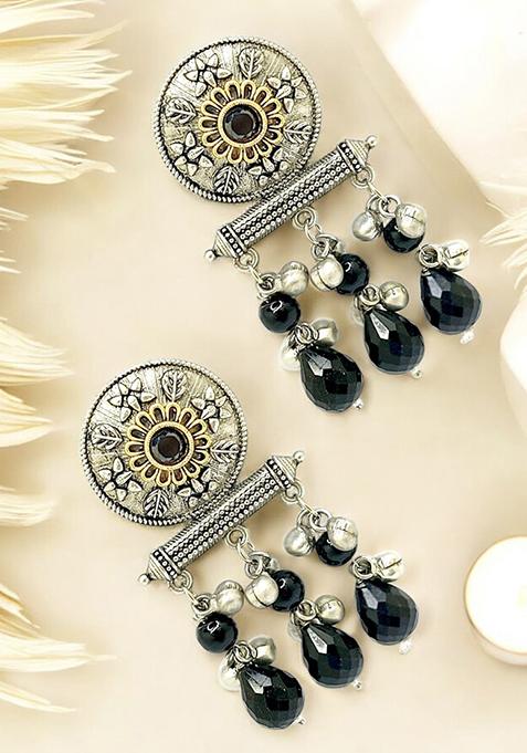 Silver Plated Black Beaded Contemporary Drop Earrings