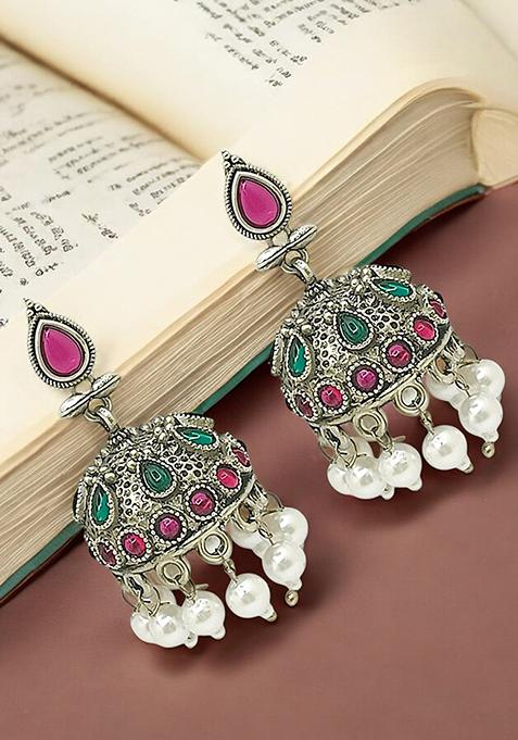 Silver Plated Stone Studded And Beaded Jhumka Earrings