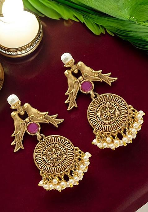 Gold Plated Red Stone Drop Earrings