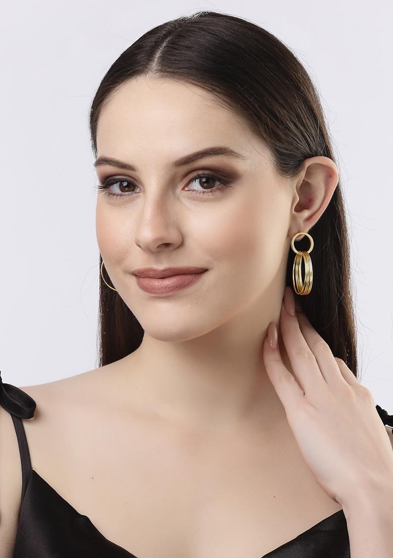 Gold Golden Linked Round Circle Attached Drop Earrings