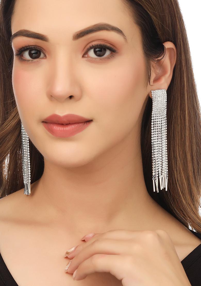 Silver Toned Contemporary Ad Studded Drop Earrings