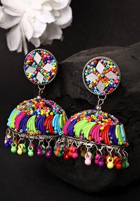 Multi Color Artificial Beads Brass Plated Jhumka Earrings