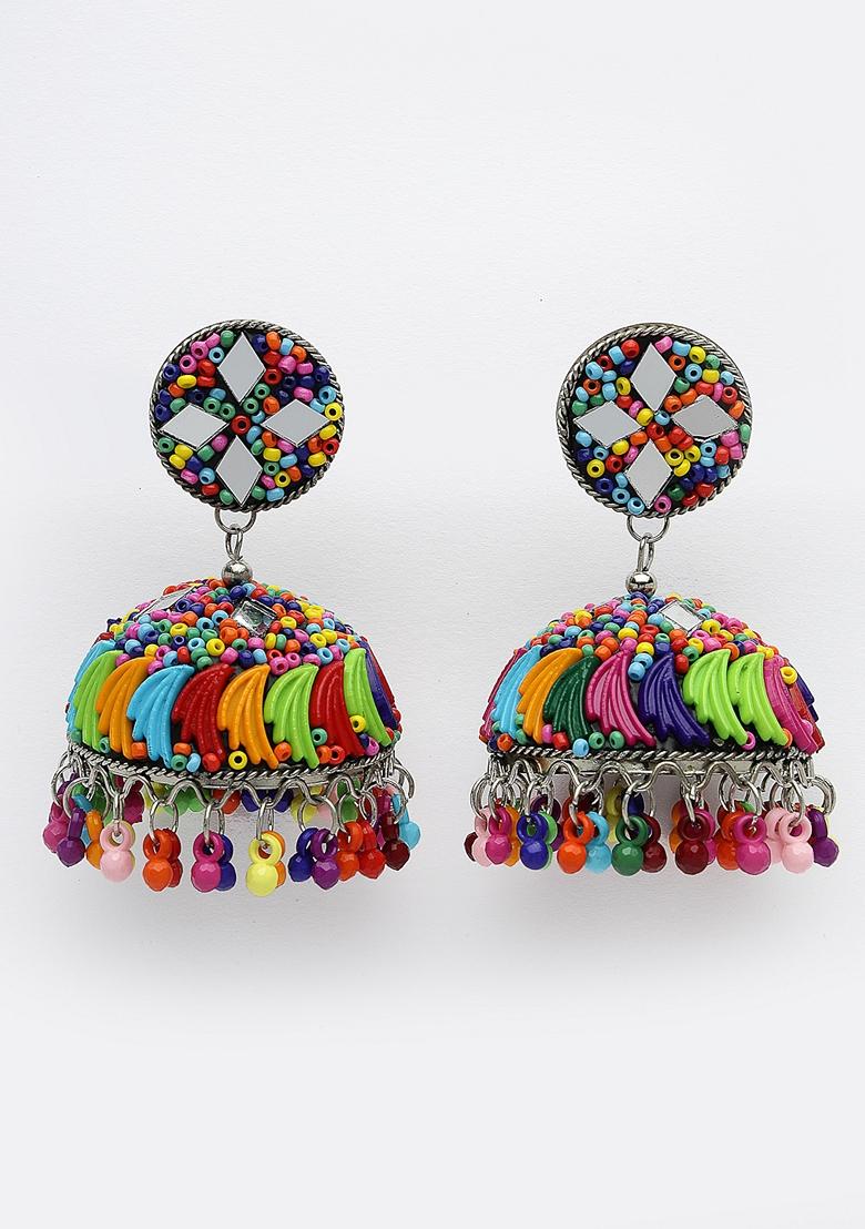 Multi Color Artificial Beads Brass Plated Jhumka Earrings