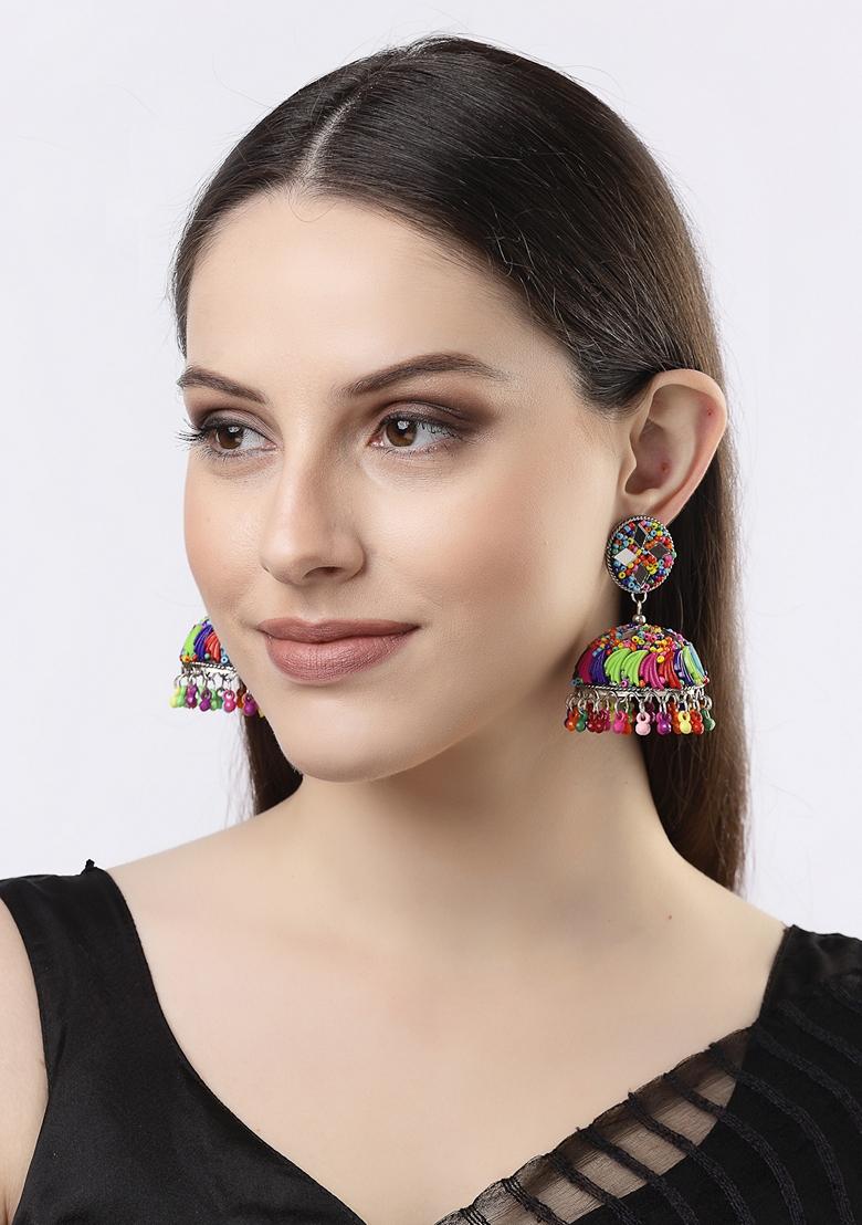 Multi Color Artificial Beads Brass Plated Jhumka Earrings