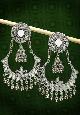 Silver Plated Mirror Work Oxidised Chandbali Earrings