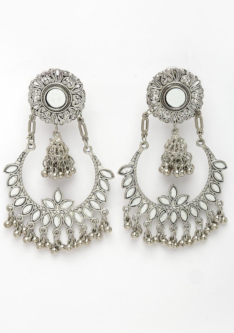 Silver Plated Mirror Work Oxidised Chandbali Earrings