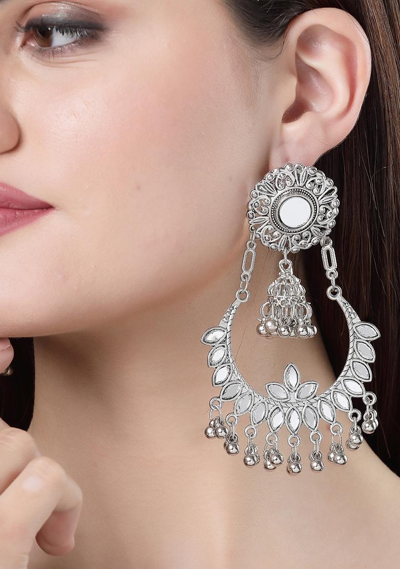 Silver Plated Mirror Work Oxidised Chandbali Earrings
