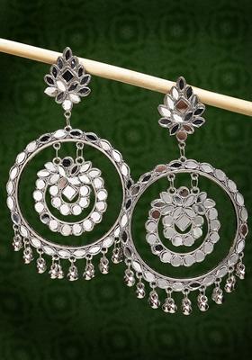 Silver Toned Mirror Work Oxidised Contemporary Drop Earrings