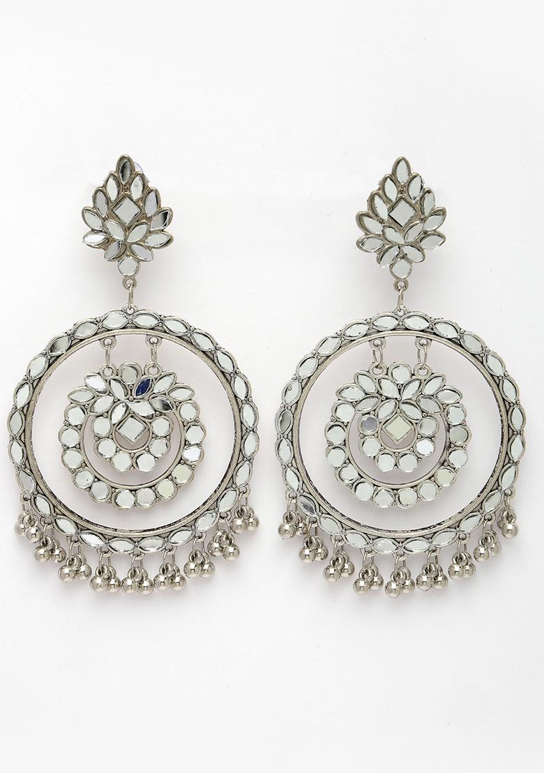 Silver Toned Mirror Work Oxidised Contemporary Drop Earrings