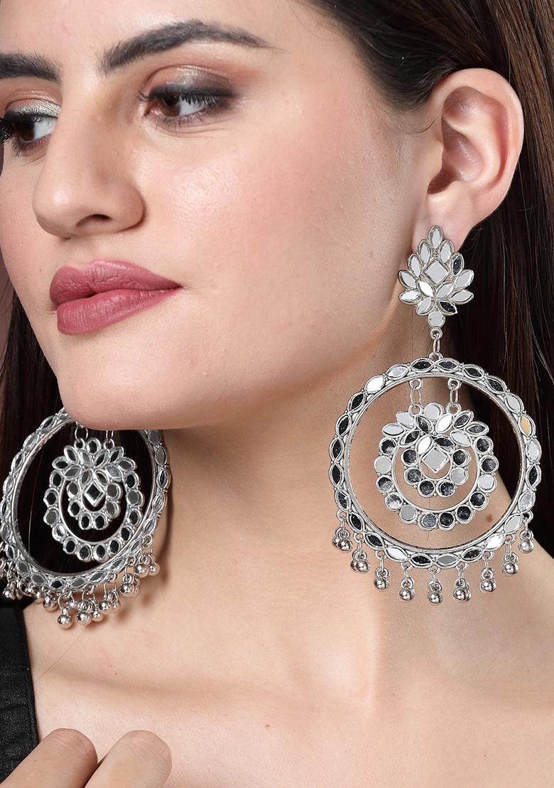 Silver Toned Mirror Work Oxidised Contemporary Drop Earrings