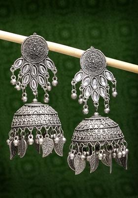 Silver Plated Oxidised Artificial Stones Dome Shaped Jhumka Earrings