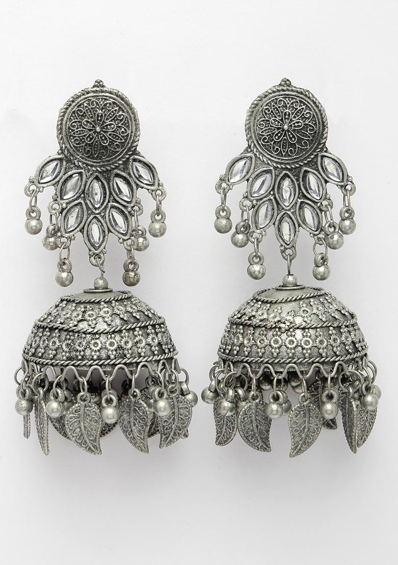 Silver Plated Oxidised Artificial Stones Dome Shaped Jhumka Earrings