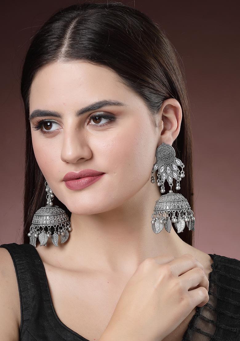 Silver Plated Oxidised Artificial Stones Dome Shaped Jhumka Earrings