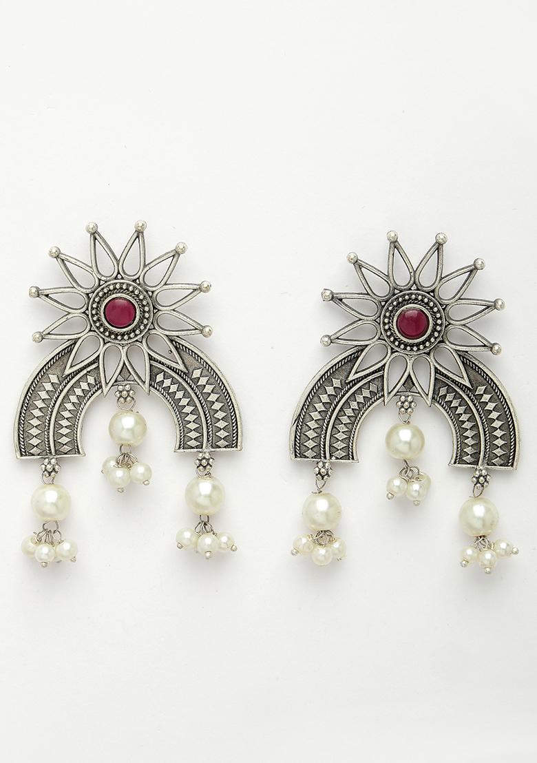 Silver Floral Plated Artificial Stones And Beads Drop Earrings