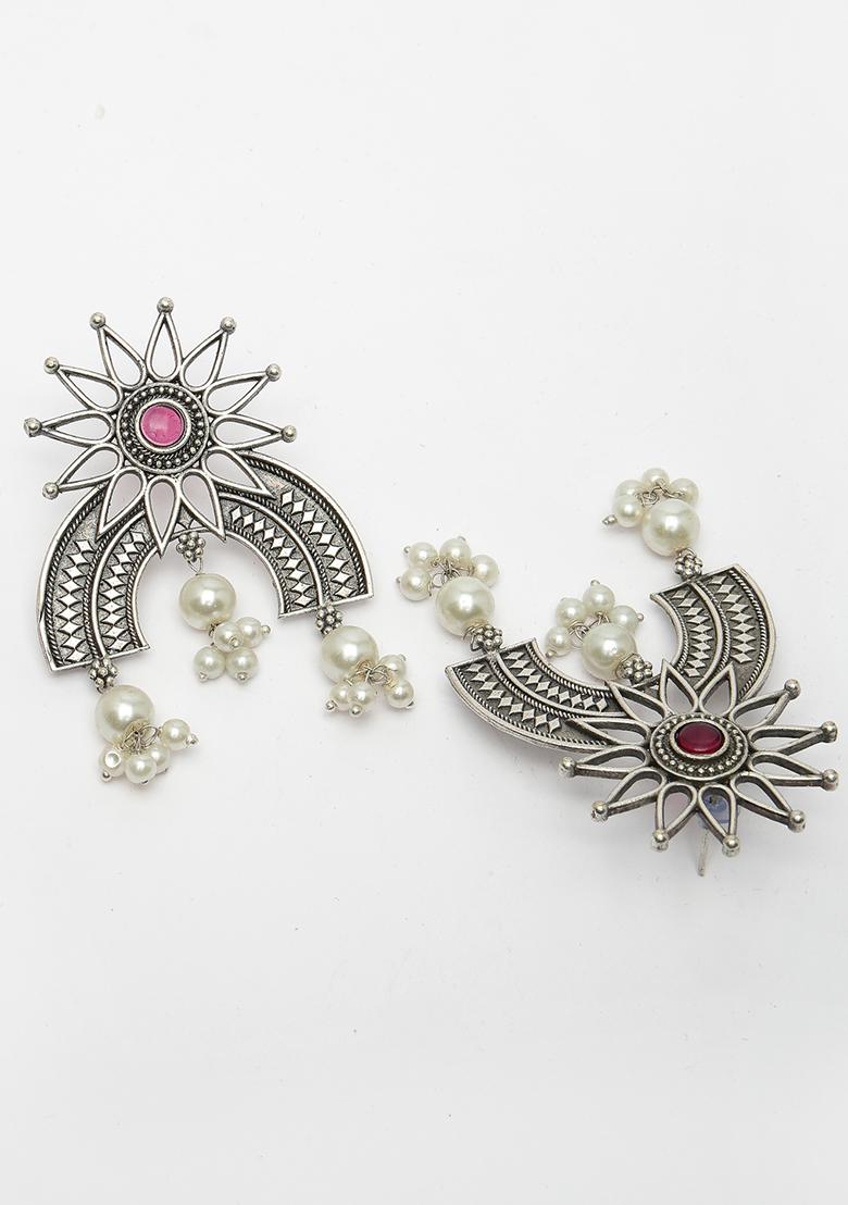 Silver Floral Plated Artificial Stones And Beads Drop Earrings