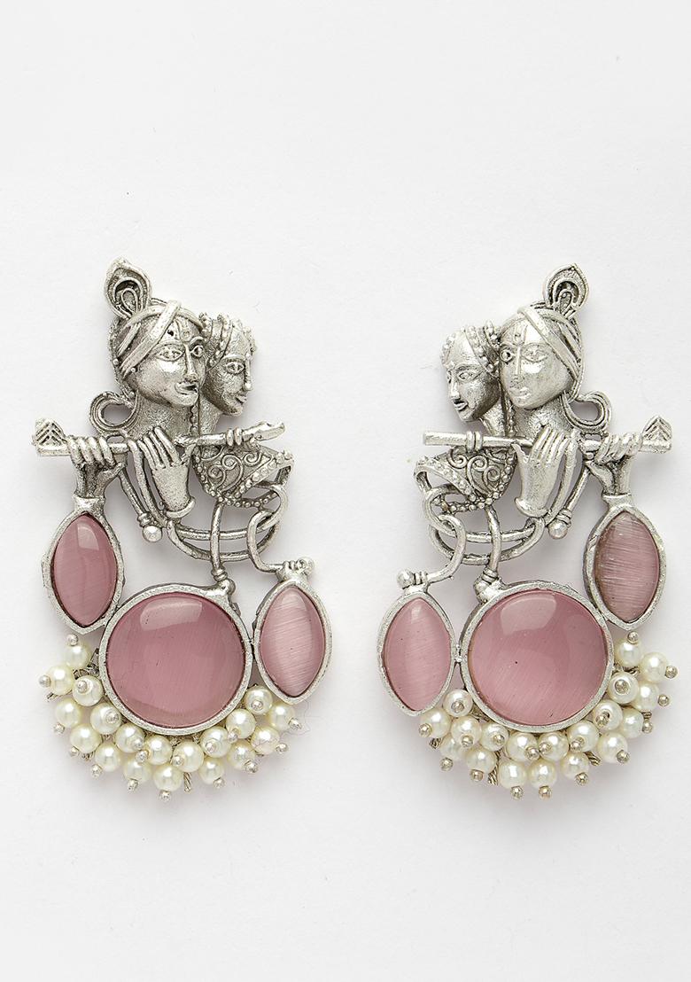 Silver Plated Artificial Stones And Beads Radha Krishna Drop Earrings
