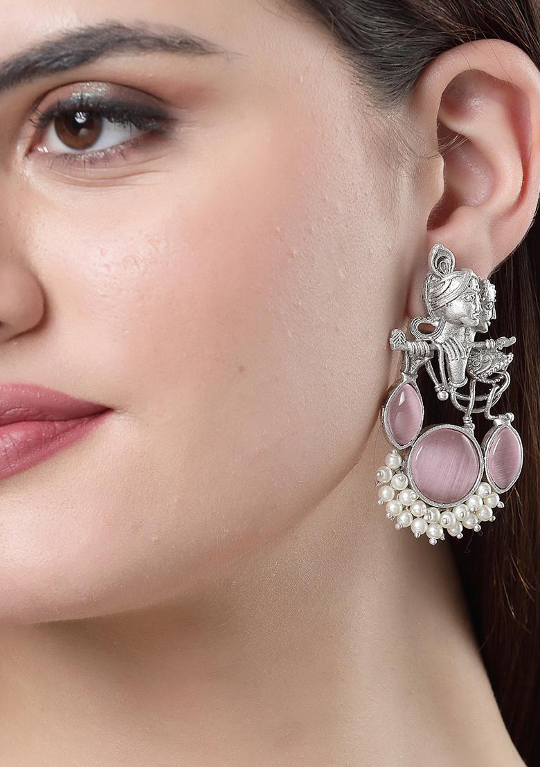Silver Plated Artificial Stones And Beads Radha Krishna Drop Earrings