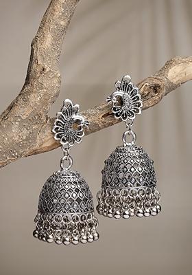 Silver Toned Peacock Design German Oxidised Dome Shaped Jhumka Earrings