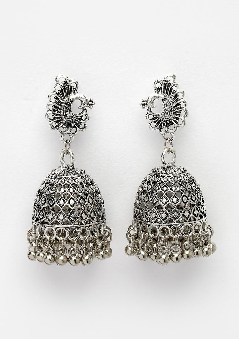 Silver Toned Peacock Design German Oxidised Dome Shaped Jhumka Earrings