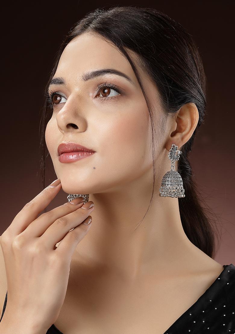 Silver Toned Peacock Design German Oxidised Dome Shaped Jhumka Earrings