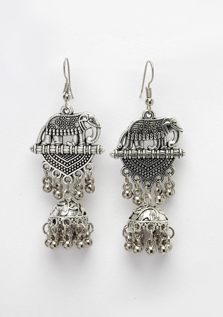 Silver Toned Elephant Design German Oxidised Dome Shaped Jhumka Earrings