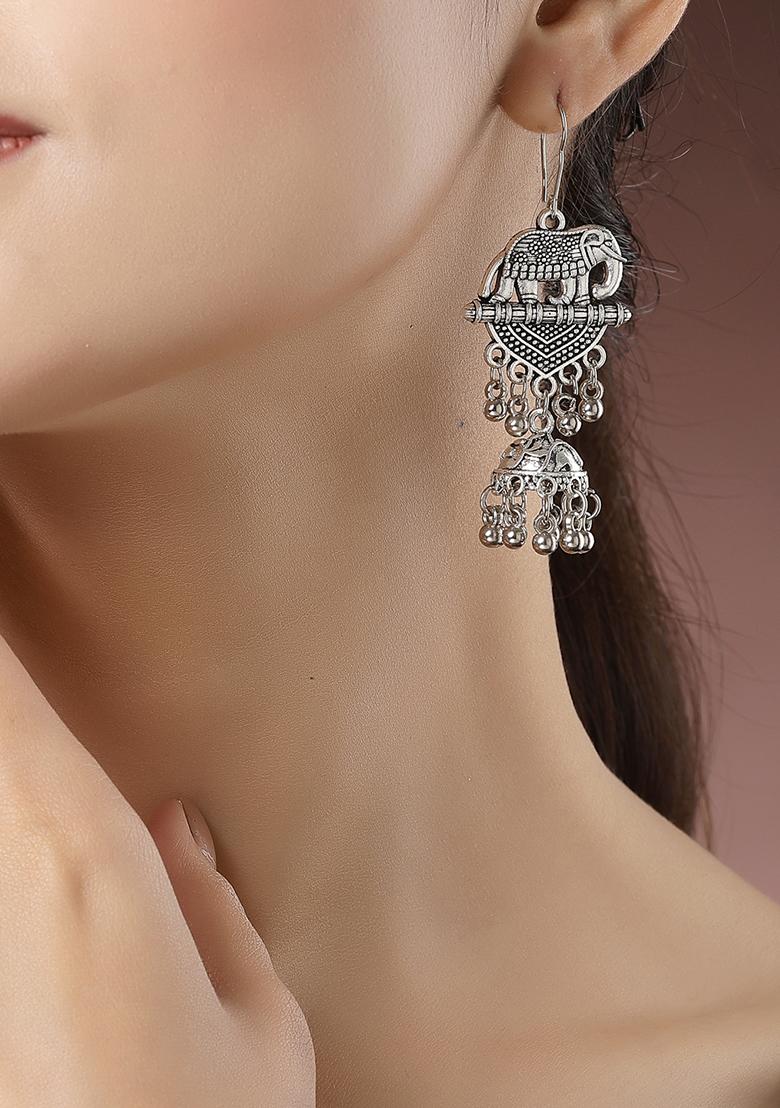 Silver Toned Elephant Design German Oxidised Dome Shaped Jhumka Earrings