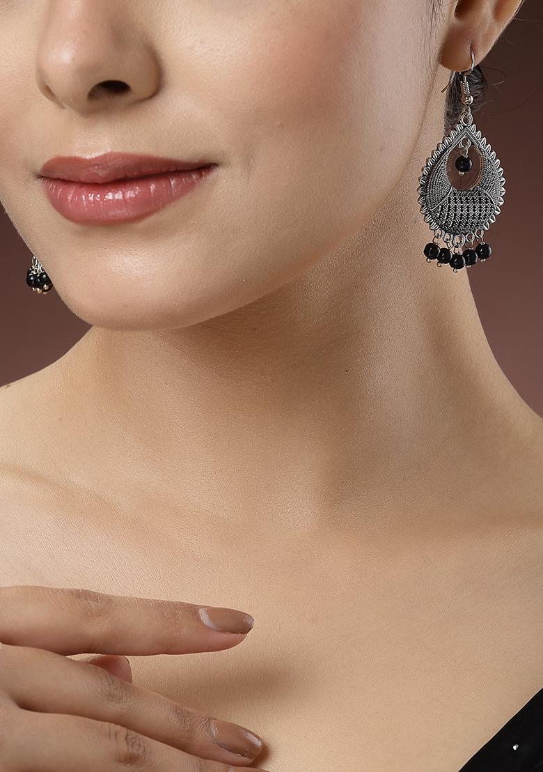 Silver Plated Artificial Beads German Oxidised Chandbali Earrings