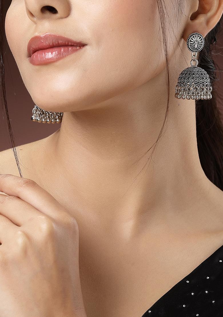Silver Toned German Oxidised Dome Shaped Jhumka Earrings