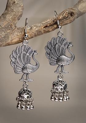 Silver Toned Peacock Desing German Oxidised Dome Shaped Jhumka Earrings