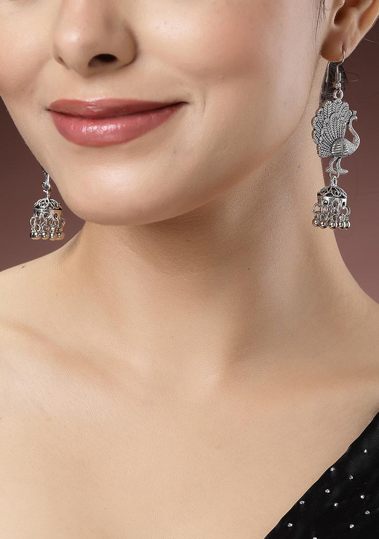 Silver Toned Peacock Desing German Oxidised Dome Shaped Jhumka Earrings