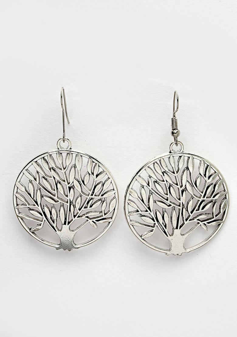 Silver Toned Circular Shape German Oxidised Drop Earrings